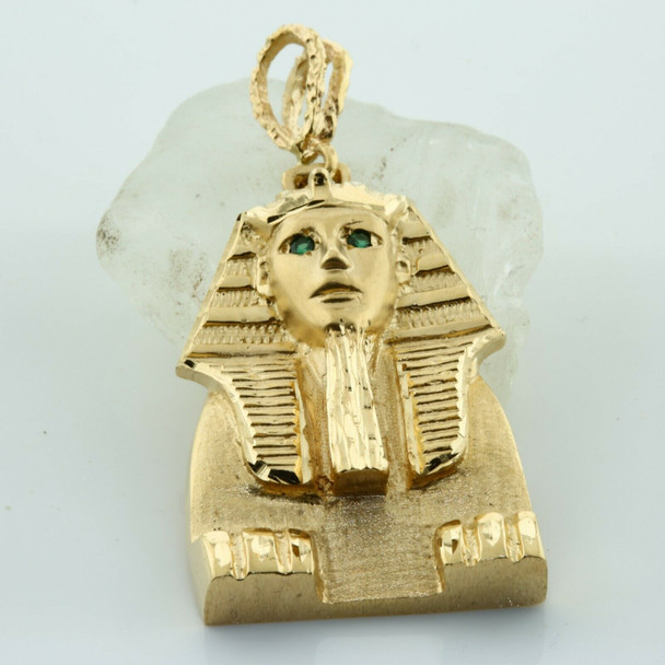 14K Yellow Gold Sphinx Pendant Faceted Tsavorite Eyes Green Garnets Circa 1990