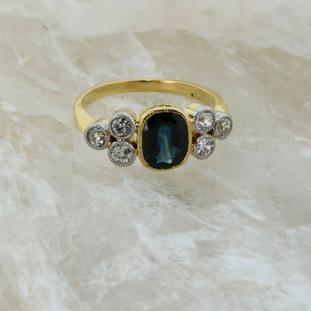 14K Yellow Gold 3 ct TW Blue Sapphire and Diamond Ring Size 7.5 Circa 1960