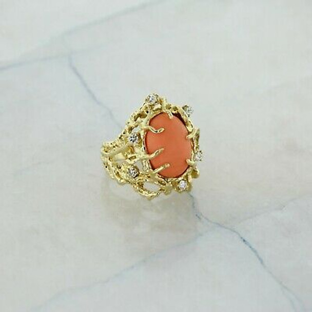 14K Yellow Gold Brutalist Pink Coral Cabochon & Diamond Ring Size 5.5 Circa 1970