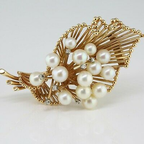 Vintage 14K Yellow Gold Pearl and Diamond Brooch Fur Clip Circa 1950