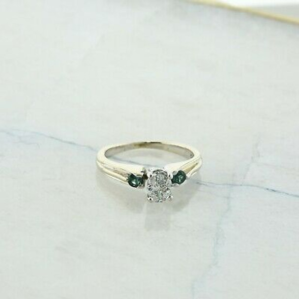 14K White Gold 1 ct tw Diamond and Emerald Ring Size 6.25 Circa 1990