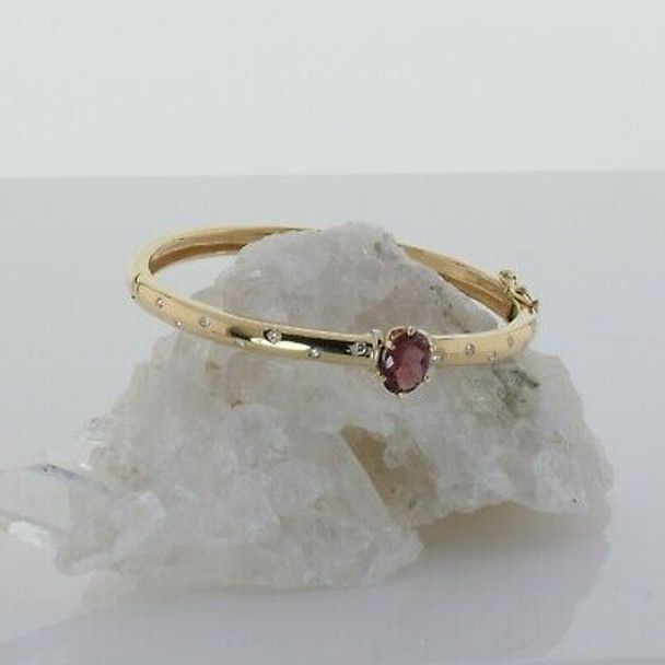 14K Yellow Gold Pink Tourmaline and Diamond Hinged Bangle Bracelet