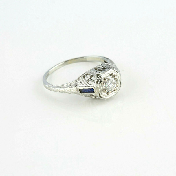 Antique 18K WG Art Deco Filigree 1/2ct Diamond and Sapphire Ring Size 6.5