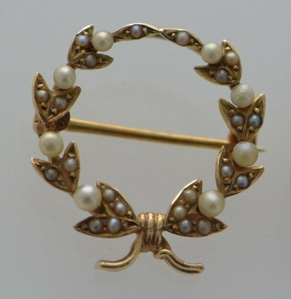 14K Yellow Gold Pearl Wreath Pin/Brooch, Vintage Circa 1920