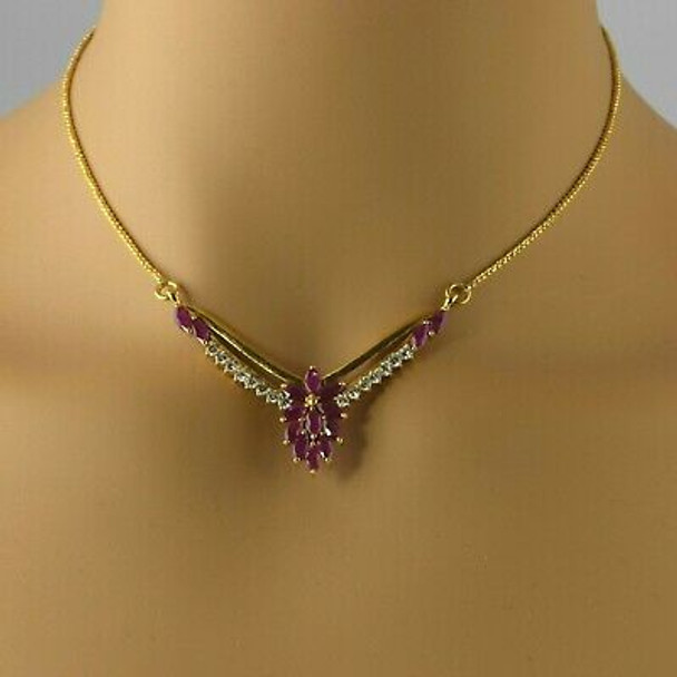 22K Yellow Gold Ruby Marquise and CZ Chevron Necklace Circa 1990