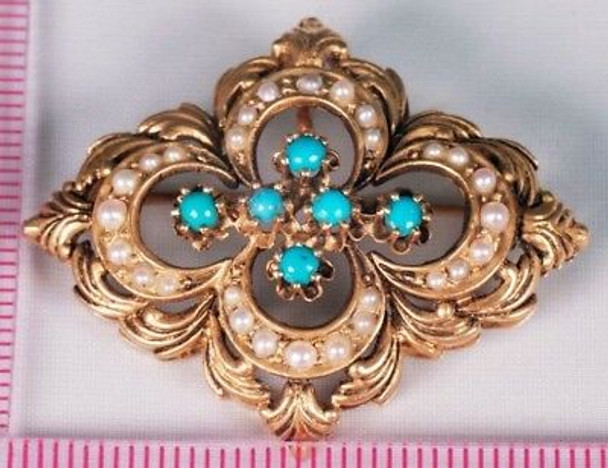 14K Yellow Gold Victorian Brooch/Pin with Turquoise and Seed Pearls