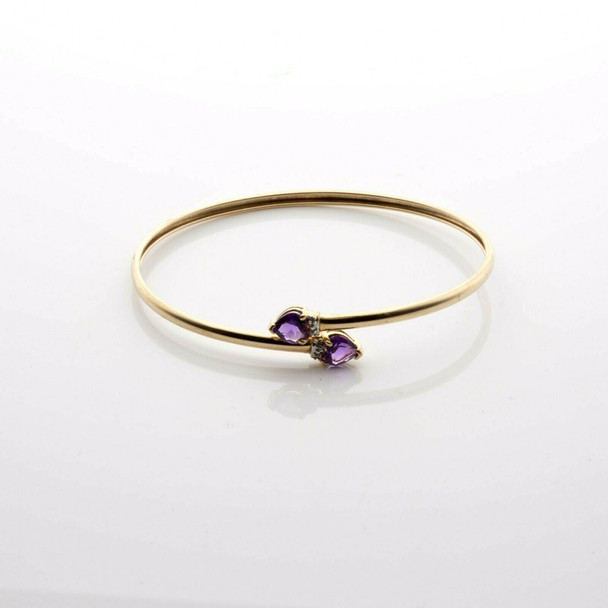 10K YG Amethyst and Diamond Accent Flexible Open Bangle Bracelet Circa 1990