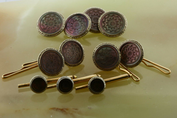 Antique 14K White and Yellow Gold Abalone Cufflink and Stud Set Circa 1930