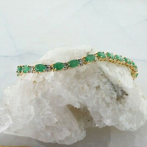 14K Yellow Gold Emerald and Diamond 10ct tw Bracelet 7.5 inch Circa 1970