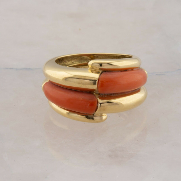 18K Yellow Gold Red Coral Ring Maker "CY" Size 6.25 Circa 1980