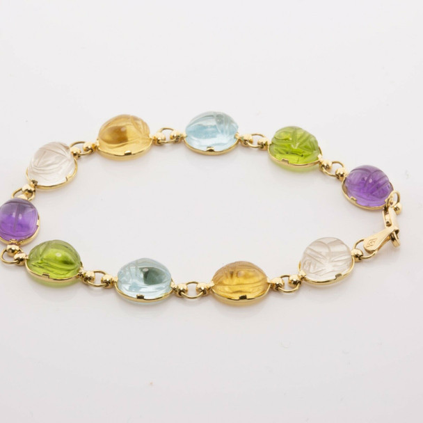14K Yellow Gold Carved Crystal Scarab Cabs Bracelet Circa 1980