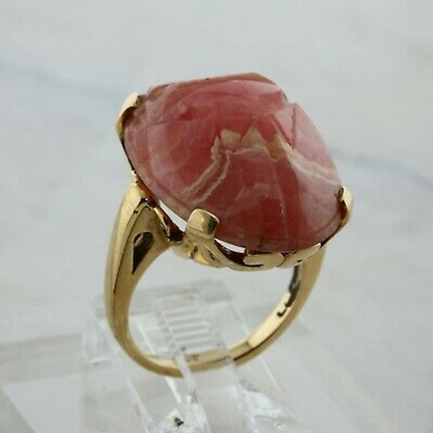 Vintage 10K Yellow Gold Rhodochrosite Scarab Ring Size 6.5 Circa 1960