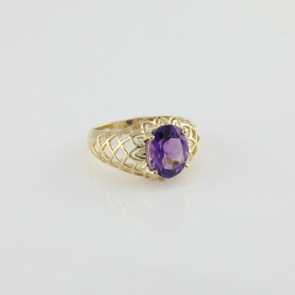 10K Yellow Gold Amethyst Ring with Fishnet Cut Out Sides Size 5.5 Circa 1990