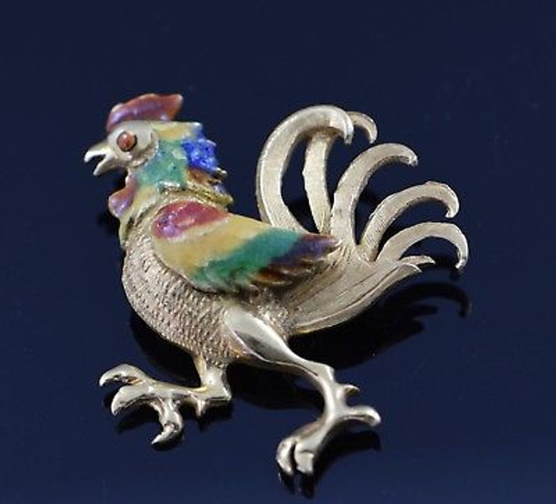 Vintage Italian 18K Yellow Gold Enameled Rooster Brooch Circa 1950