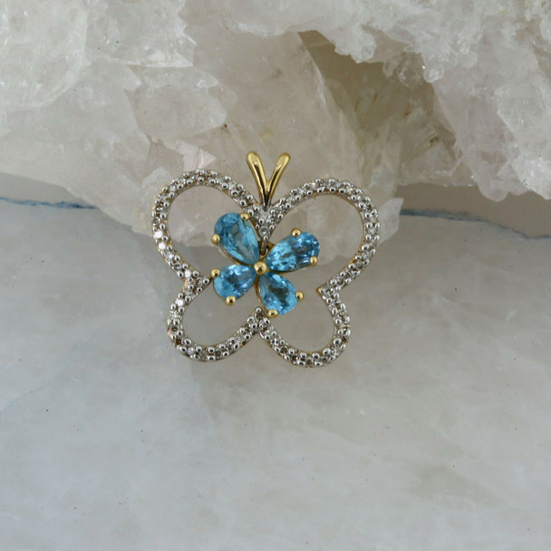 14K Yellow Gold Blue Topaz and Diamond Butterfly Pendant