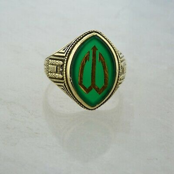 Antique 14K YG Green Onyx Monogram Pictograph Ring Size 5.5 Circa 1938