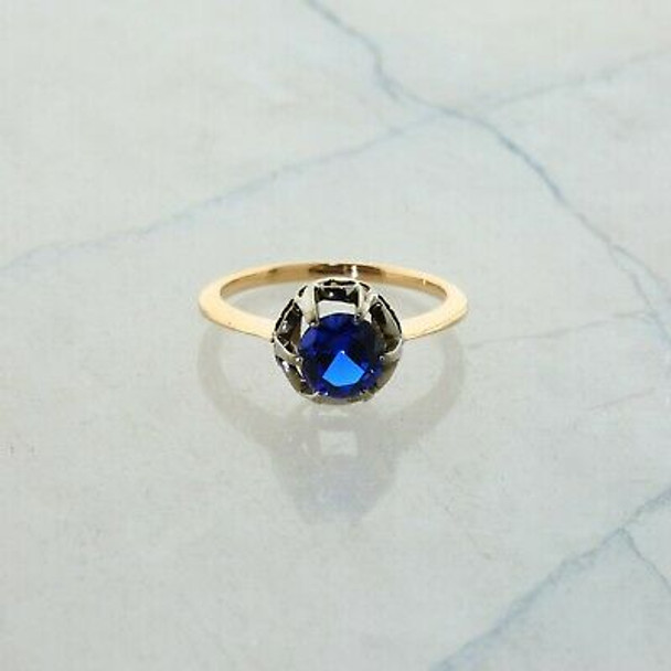 14K Yellow Gold Blue Stone Solitaire Ring Size 5.75 Circa 1940