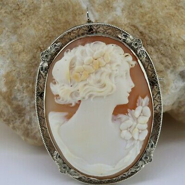 Antique 14K White Gold Shell Cameo Pin Pendant Circa 1925