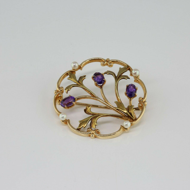 High Quality Vintage 14K Yellow Gold Amethyst and Pearl Pin Circa 1950