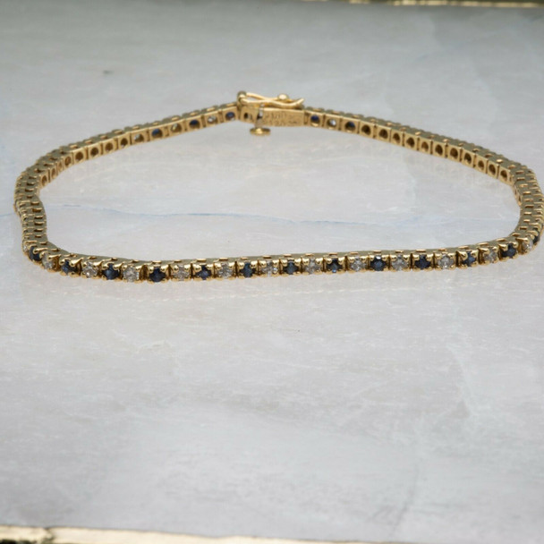 14K Yellow Gold 2 ct + Diamond and Sapphire Tennis Bracelet circa 1980