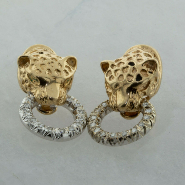 14K Yellow and White Gold Leopard Door Knocker Earrings Circa 1990