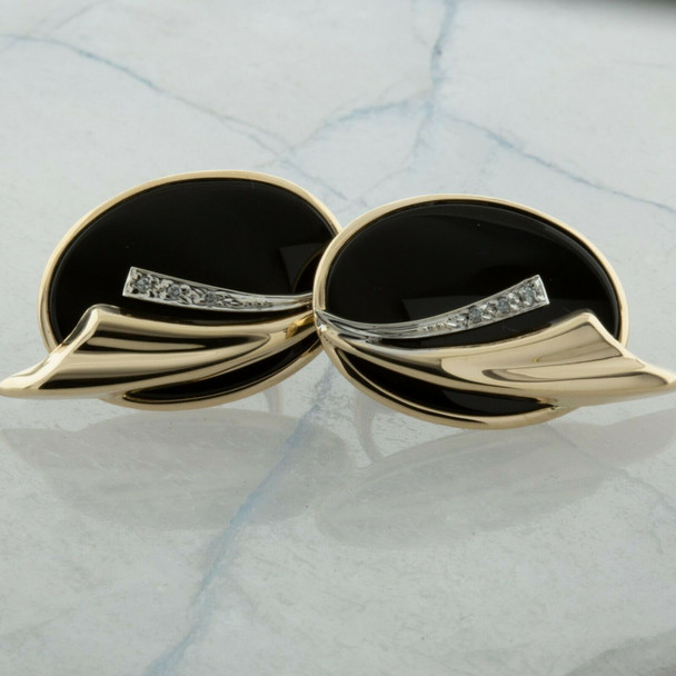 14K Yellow Gold Large Black Onyx and Diamond Earrings Circa 1990