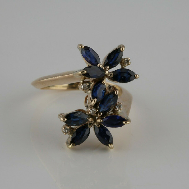 18K Yellow Gold 2 Ct TW Blue Sapphire and Diamond Cocktail Ring Size 7.75
