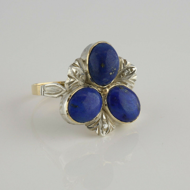 18K YG and Sterling Silver Lapis Ring with Diamond Accents Size 7.5 Circa 1950