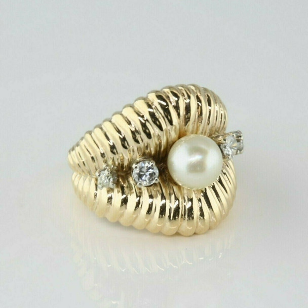 14K Yellow Gold White Pearl and Diamond Ring Size 4 Circa 1960
