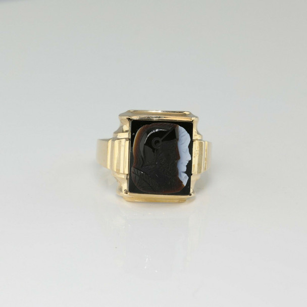 10K Yellow Gold Onyx Cameo Double Roman Soldier Head Ring Size 10 Circa 1950