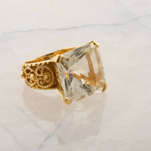 18K Yellow Gold Crystal Ring Checkerboard Cut Size 5.25 Circa 1990