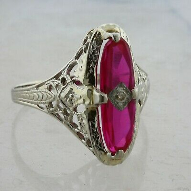 14K WG Deco Synthetic Ruby and Diamond Filigree Ring Size 6.25 Circa 1930