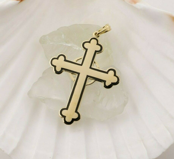 14K Yellow Gold and Black Enamel Cross Pendant