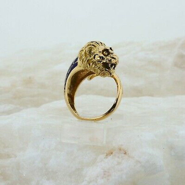 18K Yellow Gold Lions Head Enamelled Ring Size 6.75 Circa 1980