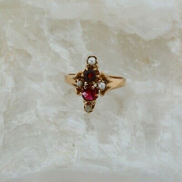 Antique 14K Rose Gold Garnet and Pearl Victorian Ring Size 7 Circa 1900