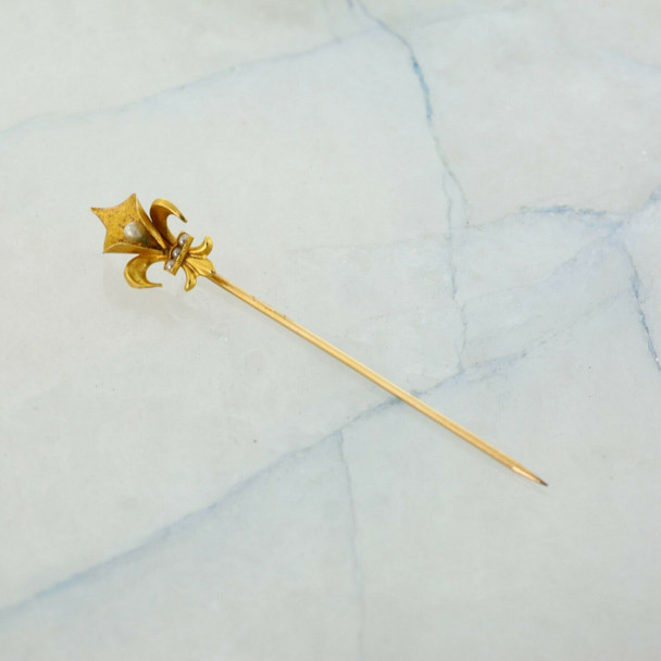 Antique 10K Yellow Gold Pearl Fleur De Lis Stick Pin Circa 1930