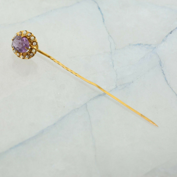 Vintage 14K Yellow Gold Amethyst and Pearl Stick Pin Circa 1950