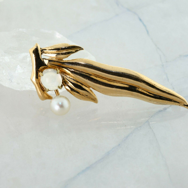 14K Yellow Gold Moonstone and Pearl Foliage Pin Circa 1970