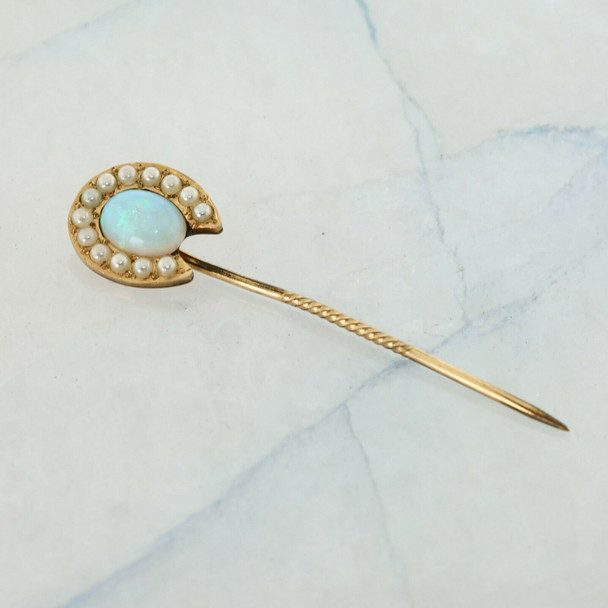 Antique 10K Gold Opal and Seed Pearl Horseshoe Stick Pin Circa 1930