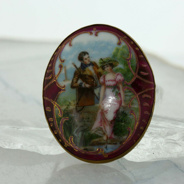 Antique Porcelain Brooch Courting Couple in the 18th Century Style Circa 1930