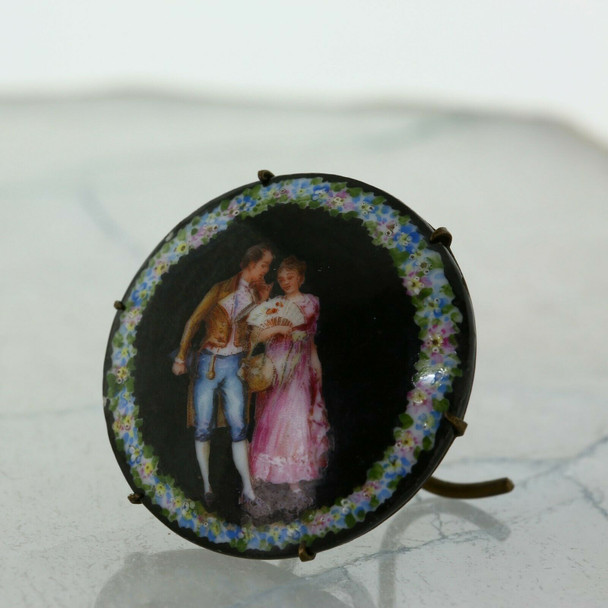 Antique Round Easel Porcelain 18th Century Courting Couple Pin Circa 1890