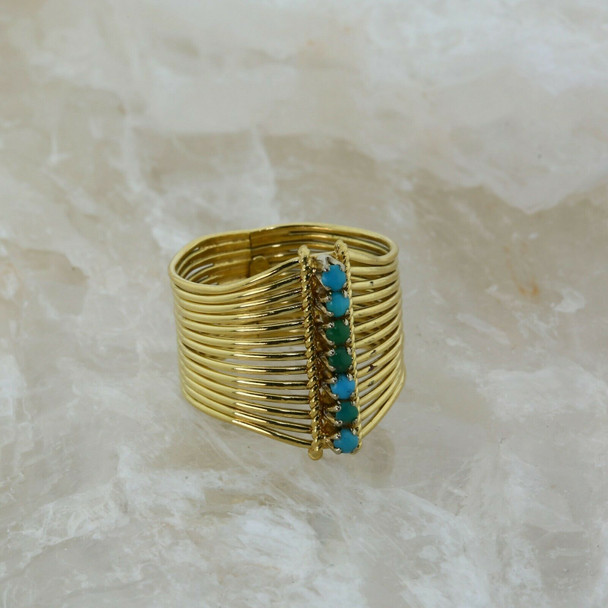 Modernist 18K Yellow Gold and Turquoise Ring Size 5.75