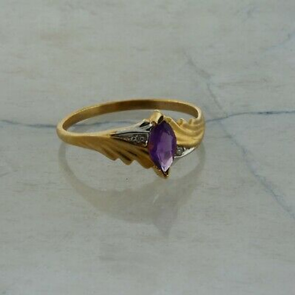 10K Yellow and White Gold Amethyst and Diamond Modernist Ring Size 10.5