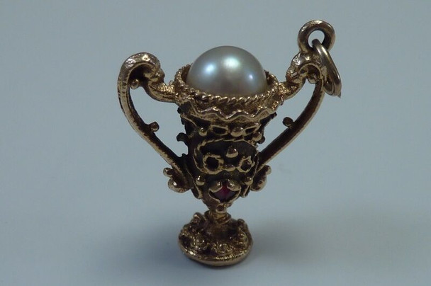 14K Yellow Gold "Trophy/Loving Cup" Pendant/Charm with Pearl & Rubies