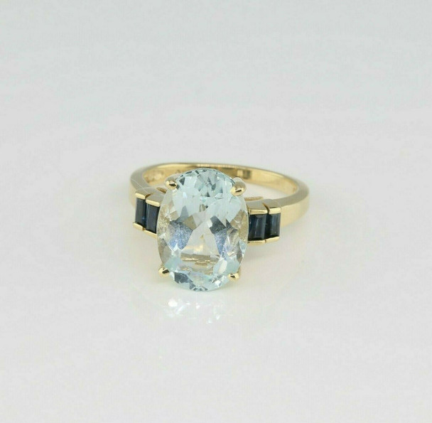 10K Yellow Gold Aqua Blue Topaz and Sapphire Ring Size 6.5 Circa 1990