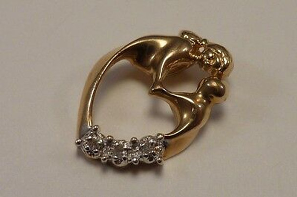 10K Yellow Gold Heart Shaped "Mother & Child" Pendant with Diamonds