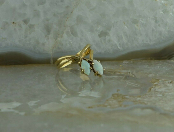 10K Yellow Gold Opal Ring 2 Crystal Opal Navette Cabochons Size 7 Circa 1970