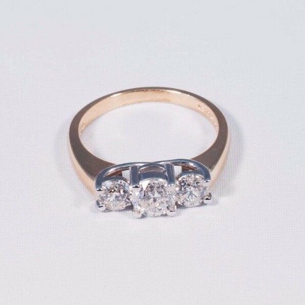14K Yellow Gold 3 Stone Diamond Engagement Ring w/ Platinum Heads, Size 6.75