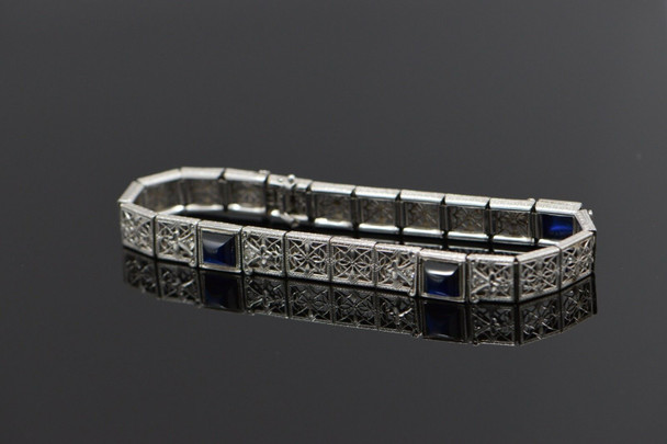 14K White Gold gold filigree sapphire bracelet in Art Deco style