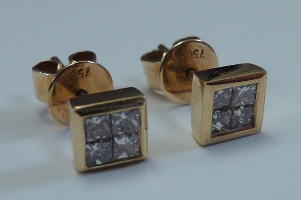 18K Yellow Gold Princess cut Diamond Earrings 1ct. tw.